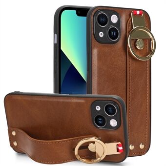 For iPhone 13 mini 5.4 inch Wristband Kickstand Phone Case Leather Coating PC+TPU Anti-scratch Cover with Neck Strap