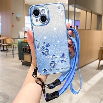 For iPhone 13 mini 5.4 inch Drop Proof TPU Phone Cover Flower Design Glitter Rhinestone Decor Phone Case with Strap