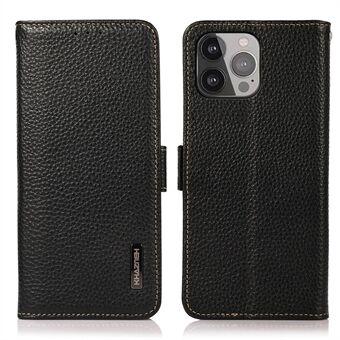 KHAZNEH Litchi Texture Anti-theft Swiping Design Genuine Leather Wallet Phone Case Shell for iPhone 13 Pro Max 6.7 inch