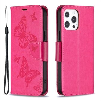 Imprint Butterfly Wallet PU Leather Magnetic Closure Stand Flip Cover with Strap for iPhone 13 Pro Max 6.7 inch