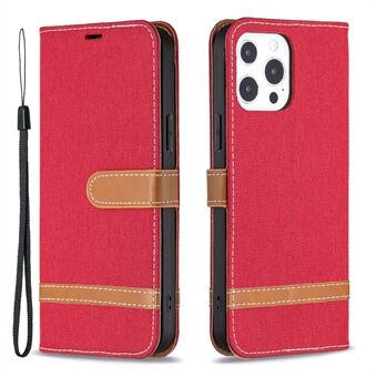 For iPhone 13 Pro Max 6.7 inch Wallet Design Drop-Proof Jeans Cloth Splicing Leather Stand Phone Cover