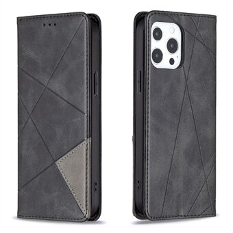 For iPhone 13 Pro Max 6.7 inch Card Holder Design Geometric Splicing Strong Magnet Leather Case Shell with Stand