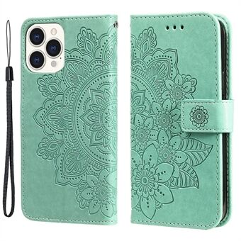 Chic Out-Look Flower Imprinting Wallet Leather Phone Stand Protector Case with Strap for iPhone 13 Pro Max 6.7 inch - Green