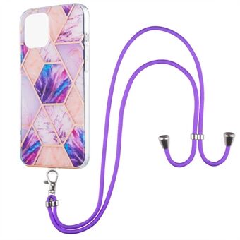 Marble Splicing Pattern Double-sided IMD Electroplating 2.0mm TPU Shockproof Cover with Lanyard for iPhone 13 Pro Max 6.7 inch