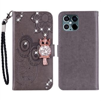 Rhinestone Decor Imprinted Owl Pattern Leather Case Shell with Stand Wallet for iPhone 13 Pro Max 6.7 inch