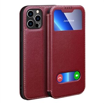 Touchable View Window Design Genuine Leather Stand Phone Case Cover for iPhone 13 Pro Max 6.7 inch