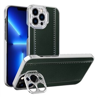 Anti-drop Electroplating Frame Carbon Fiber Texture PU Leather Coated PC Case with Kickstand for iPhone 13 Pro Max 6.7 inch