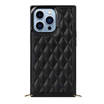 Rhombus Grid Pattern Well-protected Microfiber Leather Coated TPU Phone Case Cover with Metal Shoulder Strap for iPhone 13 Pro Max 6.7 inch