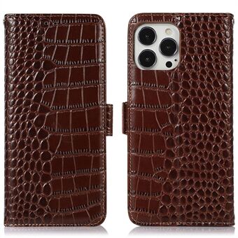 For iPhone 13 Pro Max 6.7 inch RFID Blocking Genuine Cowhide Leather Wallet Phone Cover Crocodile Texture Stand Magnetic Shockproof Flip Folio Book Case