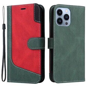 For iPhone 13 Pro Max 6.7 inch Stand Wallet Tri-color Splicing Phone Case PU Leather Drop-proof Cover with Strap