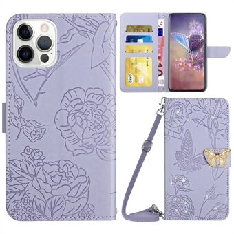 For iPhone 13 Pro Max 6.7 inch Anti-scratch PU Leather Flip Wallet Case Butterfly Flowers Imprinted Rhinestone Decor Phone Cover Stand with Shoulder Strap