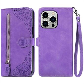 For iPhone 13 Pro Max 6.7 inch Shockproof Imprinted Leather Folio Flip Phone Case Zipper Pocket Feature Wallet Protective Cover with Stand