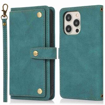 For iPhone 13 Pro Max 6.7 inch Anti-fall Phone Flip Wallet Case Stand Card Holder Anti-wear PU Leather Protective Cover with Strap