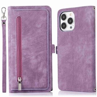 For iPhone 13 Pro Max 6.7 inch Multi-Functional 9 Card Slots Stand Protective Cover PU Leather Wallet Case with Zipper Pocket and Wrist Strap