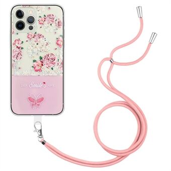 For iPhone 13 Pro Max 6.7 inch Embossed Lacquered Butterfly Phone Case Soft TPU Shockproof Anti-Scratch Slim Cover with Lanyard