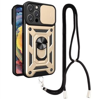 Hybrid Phone Case Kickstand For iPhone 13 Pro Max 6.7 inch, Shock-resistant PC + TPU Phone Shell Ring Holder with Slide Camera Cover and Lanyard