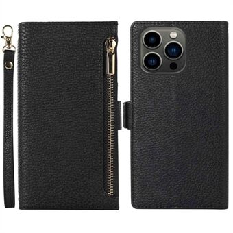 For iPhone 13 Pro Max 6.7 inch Zipper Pocket Design Litchi Texture Phone Case, PU Leather Flip Cover Wallet with Strap