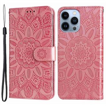 For iPhone 13 Pro Max 6.7 inch Sunflower Imprinted PU Leather Phone Case Stand Magnetic Flip Cover with Strap