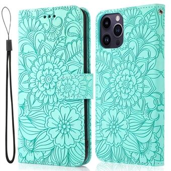 PU Leather Phone Case for iPhone 13 Pro Max 6.7 inch, Imprinted Flower Pattern Stand Wallet Shockproof Cell Phone Cover with Strap