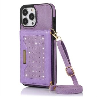 For iPhone 13 Pro Max 6.7 inch RFID Blocking Kickstand Phone Case Rhinestone Decor Wallet PU Leather + TPU Cover with Shoulder Strap