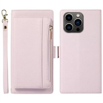 For iPhone 13 Pro Max 6.7 inch Anti-drop Litchi Texture PU Leather Phone Case 2-in-1 Magnetic Detachable Zipper Wallet Stand Protective Phone Cover with Strap