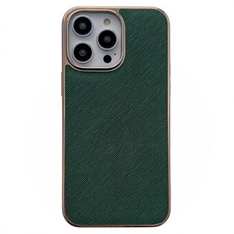 For iPhone 13 Pro Max 6.7 inch Nano Electroplating Cross Texture Protective Cover Genuine Leather Coated TPU Anti-scratch Case - Green