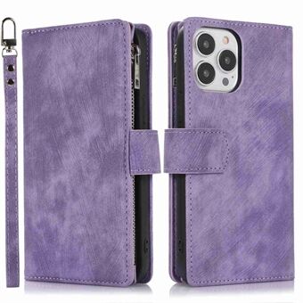 For iPhone 13 Pro Max 6.7 inch Skin-touch PU Leather Stand Case Zipper Pocket Multiple Card Slots Drop-proof Wallet Cover with Wrist and Shoulder Strap