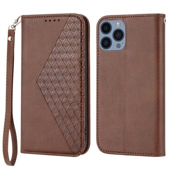 For iPhone 13 Pro Max 6.7 inch Magnetic Anti-fingerprint Calf Texture PU Leather Case Wallet Imprinted Rhombus Pattern Phone Stand Cover with Strap