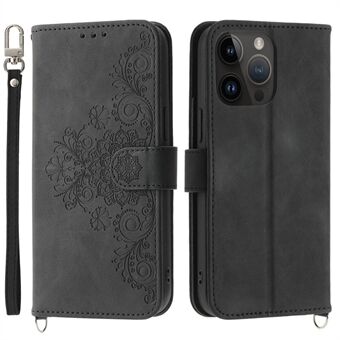 For iPhone 13 Pro Max 6.7 inch Imprinted Flowers Wallet Case Skin-touch PU Leather Handbag Flip Stand Phone Cover with Wrist Strap and Shoulder Strap