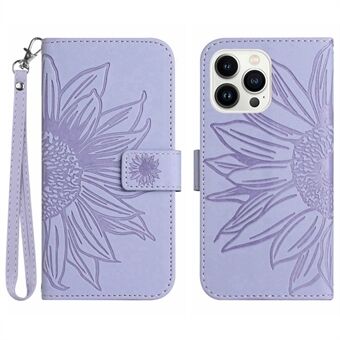 For iPhone 13 Pro Max 6.7 inch HT04 Sunflower Imprinted PU Leather Full Protection Shell Skin-Touch Foldable Stand Phone Wallet Case with Hand Strap