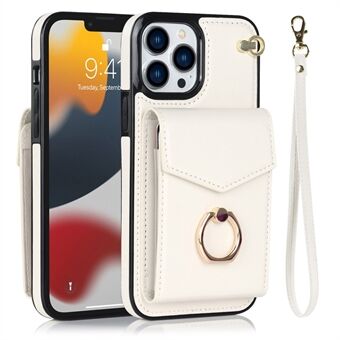 For iPhone 13 Pro Max 6.7 inch Accordion Style RFID Blocking Card Bag Shockproof Cover Ring Kickstand PU Leather+TPU Phone Case with Strap