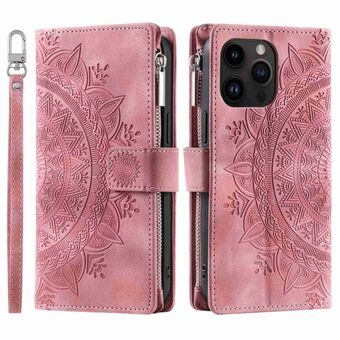 PU Leather Phone Shell for iPhone 13 Pro Max 6.7 inch, Mandala Flower Imprinted Cover Stand with Multiple Card Slots Zipper Pocket Wallet Case