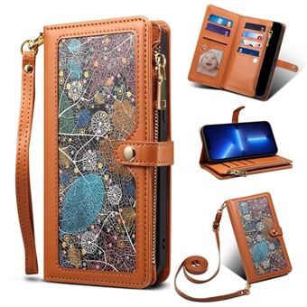 ESEBLE For iPhone 13 Pro Max 6.7 inch Galaxy Series RFID Blocking Phone Case Stand Zipper Pocket Wallet Anti-drop Cell Phone Cover with Multiple Card Slots