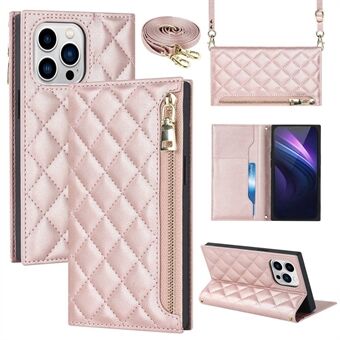 For iPhone 13 Pro Max 6.7 inch Shockproof Rhombus Imprinted Phone Case PU Leather Zipper Pocket Wallet Stand Cover with Shoulder Strap