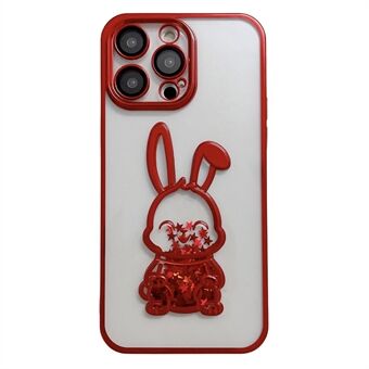 For iPhone 13 Pro Max 6.7 inch Cute Rabbit Shape Quicksand TPU Phone Case Anti-scratch Electroplating Clear Cover with Tempered Glass Lens Film