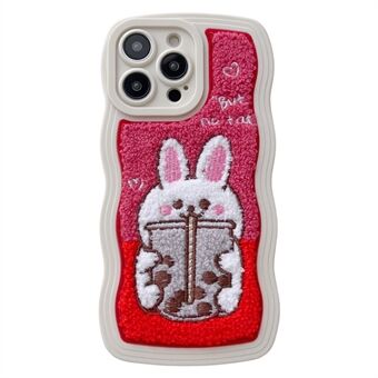 For iPhone 13 Pro Max 6.7 inch Milk Tea Animal Pattern Embroidery TPU + PC Hybrid Case Wavy Edge Soft Plush Winter Phone Cover Shell