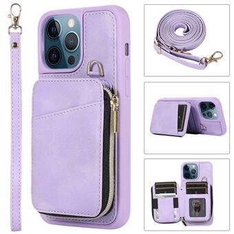 For iPhone 13 Pro Max 6.7 inch Card Bag Design Kickstand Cover Shockproof PU Leather Coated TPU Phone Case with Hand and Shoulder Strap