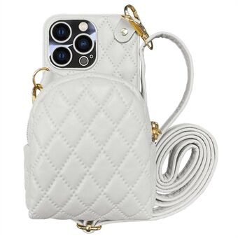 For iPhone 13 Pro Max 6.7 inch Imprinted Rhombus Pattern Detachable Card Holder Phone Case PU Leather Coated PC Crossbody Zipper Purse Cover with Shoulder Strap