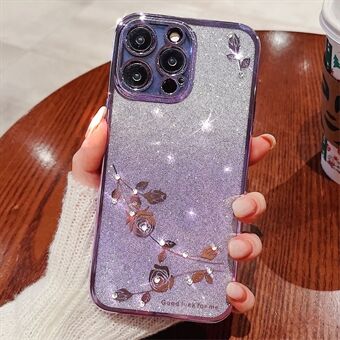 For iPhone 13 Pro Max 6.7 inch Flexible TPU Shockproof Cover Gradient Glitter Powder Rhinestone Decor Flower Design Phone Case