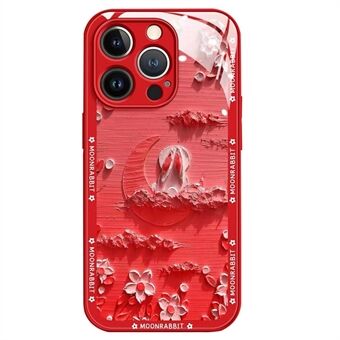 For iPhone 13 Pro Max 6.7 inch Anti-drop Back Cover Moon and Rabbit Oil Painting Tempered Glass + TPU Phone Case