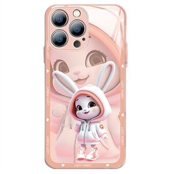 For iPhone 13 Pro Max 6.7 inch Cute Rabbit Pattern Printing Phone Case Hard Tempered Glass+TPU Shockproof Smartphone Cover