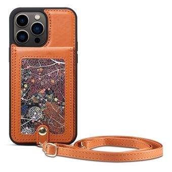 For iPhone 13 Pro Max Card Holder Phone Case Leather Coated TPU Kickstand Cover with Shoulder Strap