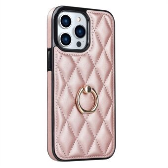 PU Leather+TPU Phone Case for iPhone 13 Pro Max , Stitching Rhombus Ring Holder Kickstand Phone Cover