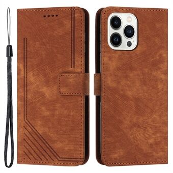 For iPhone 13 Pro Max Skin-touch Leather Case Stand Lines Imprinted Phone Wallet Cover