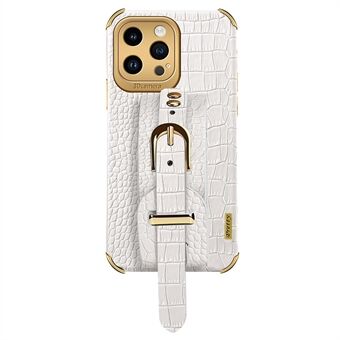 For iPhone 13 Pro Max 6.7 inch Electroplating Crocodile Texture Phone Case PU Leather Coated TPU Cover with Hand Strap Kickstand