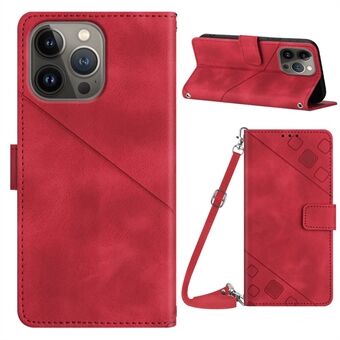 PT005 YB Imprinting Series-7 Leather Case for iPhone 13 Pro Max Cell Phone Wallet Stand Cover with Shoulder Strap