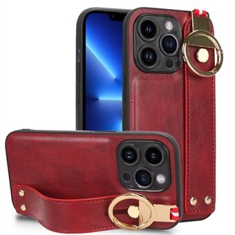 Wristband Kickstand Cover for iPhone 13 Pro Max 6.7 inch , Leather Coated PC+TPU Anti-drop Phone Case with Neck Strap