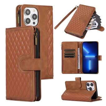 For iPhone 13 Pro Max 6.7 inch PU Leather 9 Card Slots Wallet Phone Case Imprinted Zipper Pocket Flip Stand Cover