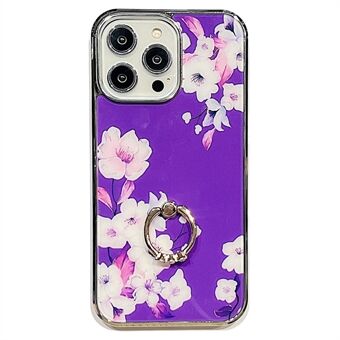 For iPhone 13 Pro Max 6.7 inch Ring Kickstand IMD Flower Pattern Phone Case Electroplating PC+TPU Cover