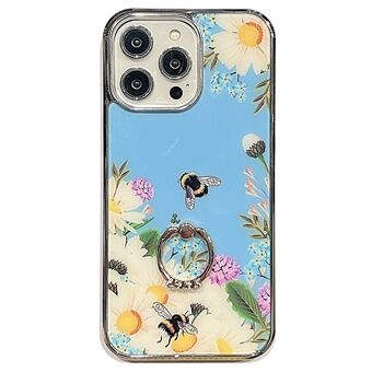 IMD Flower Pattern Phone Case for iPhone 13 Pro Max 6.7 inch Ring Kickstand Electroplating PC+TPU Cover